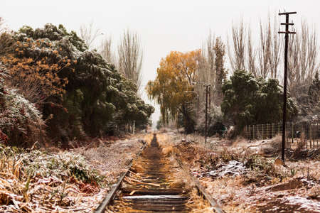 Train tracks covered by snow in winter day.