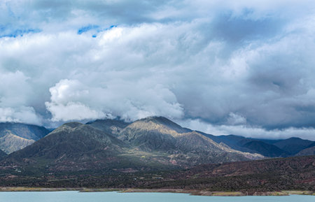 Landscape of the lake and mountains in Peru, South America.の写真素材