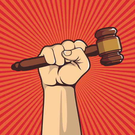 A clenched fist held high in protest holding a judge hammerのイラスト素材