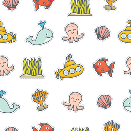Seamless vector pattern with marine life icons on white background.のイラスト素材