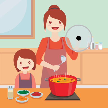 Illustration vector of mom and her daughter cooking in the kitchenのイラスト素材
