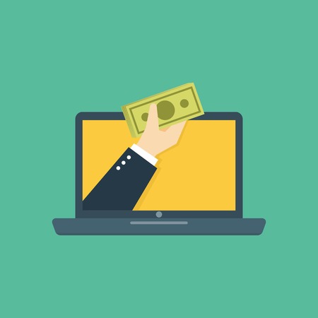 A hand holding money out of laptop screen illustration vector in flat styleのイラスト素材