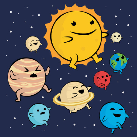Cartoon solar system with expression illustration vectorのイラスト素材