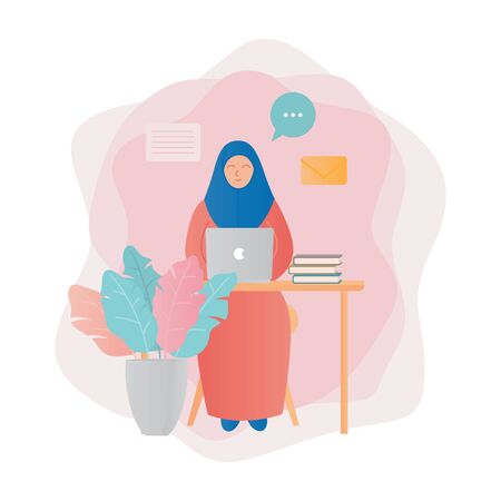 Telecommuting concept with woman working on laptopのイラスト素材