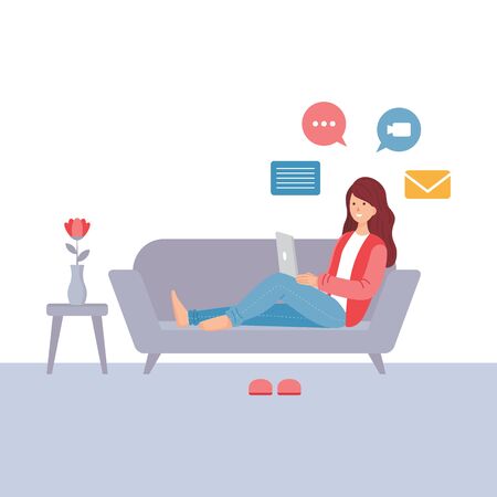 Telecommuting concept with woman working on laptopのイラスト素材