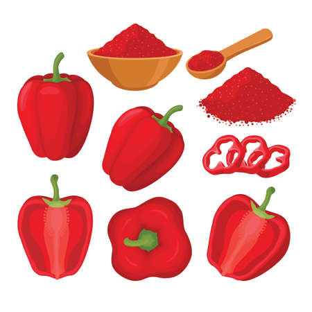 Red paprika vector set illustration with whole and sliced paprikaのイラスト素材