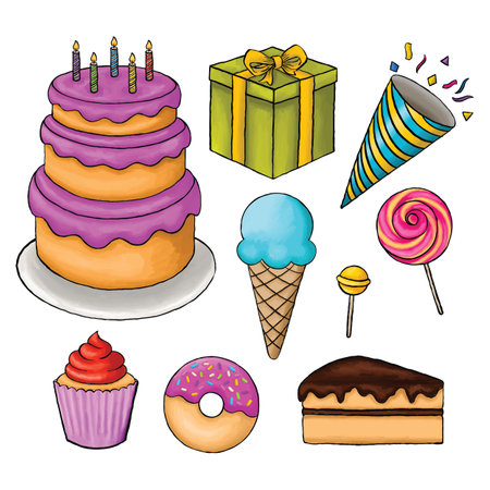 Colored birthday element sketch hand drawn vectorのイラスト素材
