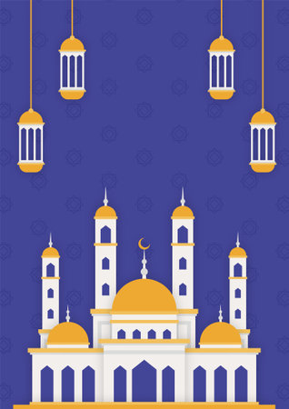 Digital illustration of a mosque with white walls, golden domes, and minarets, adorned with hanging lanterns against a dark blue background with geometric patterns.のイラスト素材