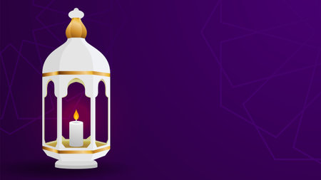 White lantern with gold accents and lit candle inside, set against a dark purple background with subtle geometric patterns, evoking a festive Eid atmosphere.のイラスト素材