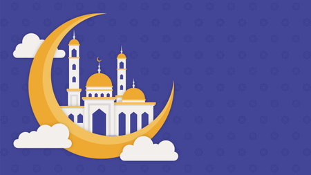 Illustration of a mosque with golden domes and minarets, framed by a golden crescent moon and white clouds on a dark blue patterned background.のイラスト素材