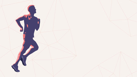 Stylized silhouette of a runner with dark blue and pink shading, set against a light background with red geometric network lines, symbolizing motion and energy.のイラスト素材