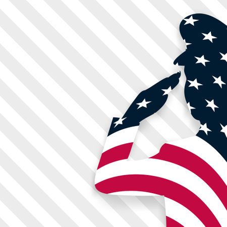 Stylized vector illustration of a person in profile with an American flag pattern silhouette, holding hand to face, symbolizing patriotism and contemplation.のイラスト素材