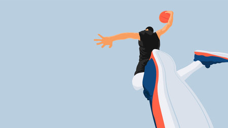 Dynamic digital illustration of a basketball player in mid-air performing a slam dunk, emphasizing athleticism, energy, and movement on a light blue background.のイラスト素材