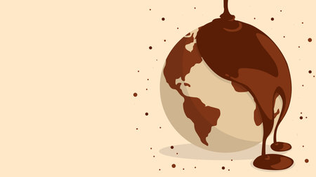 An image depicting a globe being covered in melting chocolate, symbolizing indulgence, global cuisine, and the love for sweets, with a lively, artistic, and creative visual style.のイラスト素材