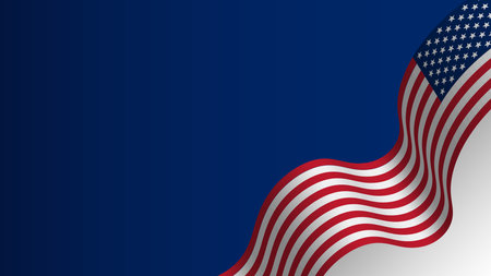 A beautifully rendered waving American flag with stars and stripes on a solid blue background symbolizes patriotism and national pride.のイラスト素材