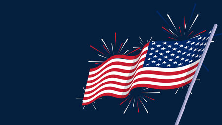 A red, white, and blue American flag with a blue background. The flag is waving in the windのイラスト素材