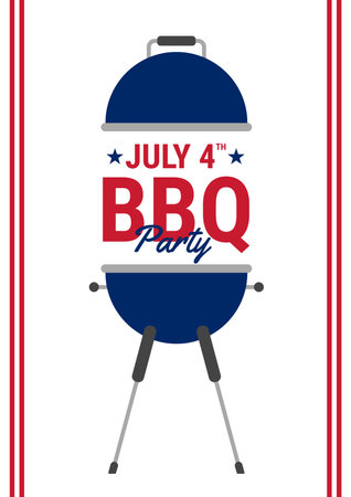 A grill is shown on a poster for a July 4th BBQ party. The grill is blue and silverのイラスト素材
