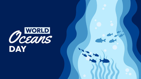 World Oceans Day with a blue background and fish swimming in the waterのイラスト素材