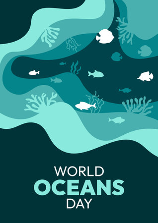 World Oceans Day. The poster features a blue ocean with fish swimming in itのイラスト素材