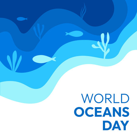 World Oceans Day. The poster is blue and white. It has a blue ocean with fish and seaweedのイラスト素材
