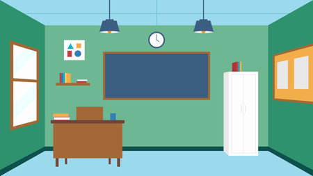 A classroom with a blackboard and a clock on the wall. There is a desk with a chair and a bookcase with booksのイラスト素材