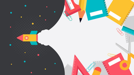 A rocket is flying through the sky with a white background. There are many books scattered around the background, including a few that are openのイラスト素材