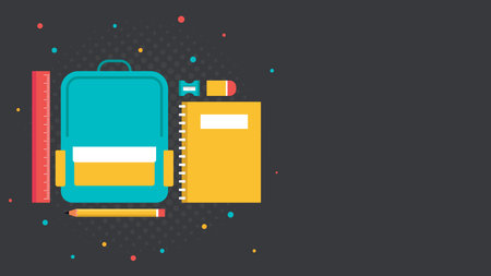 A blue backpack with a yellow ruler and a yellow notebook. The backpack is on a black backgroundのイラスト素材