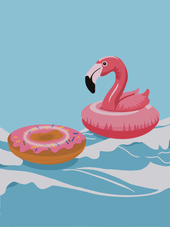 A pink flamingo is floating in a pool with a donut. The image has a playful and fun moodのイラスト素材
