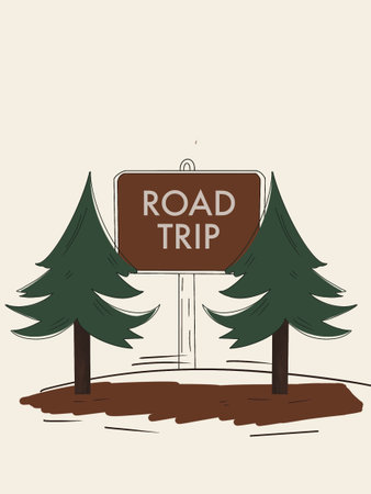 A sign with two trees and the word Road Trip written on it. The sign is brown and has a brown backgroundのイラスト素材