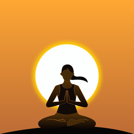 Peaceful silhouette of a person meditating amidst the vibrant hues of a sunset, depicting mindfulness, serenity, and inner harmony.のイラスト素材