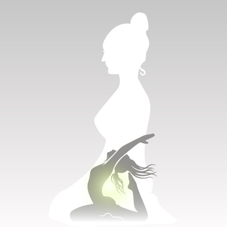 Silhouettes of Woman in Meditation and Fitness Pose on Gradient Backgroundのイラスト素材