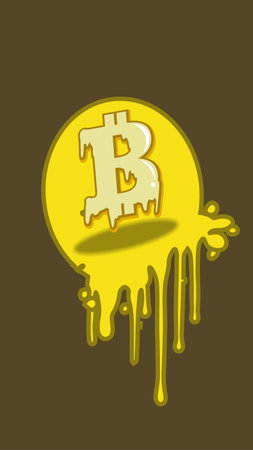 Illustration of a vivid yellow Bitcoin symbol with a dripping effect, representing cryptocurrency concepts, finance, and modern digital trends.のイラスト素材