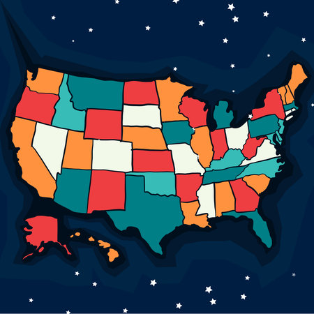 Colorful Illustrated Map of the United States with Vibrant State Bordersのイラスト素材