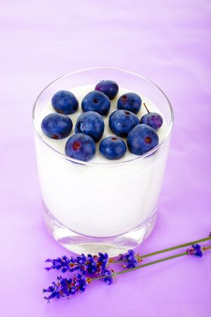 Fresh yogurt with blueberry, spoon and lavender の写真素材