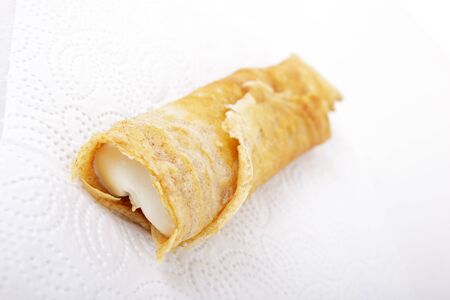 One pancake with cream cheeseの写真素材