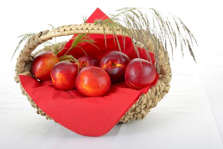 Basket of freshly picked red nectarinesの写真素材