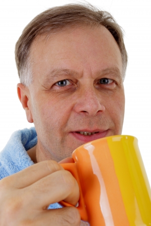 Handsome man with coffee cup on white background の写真素材