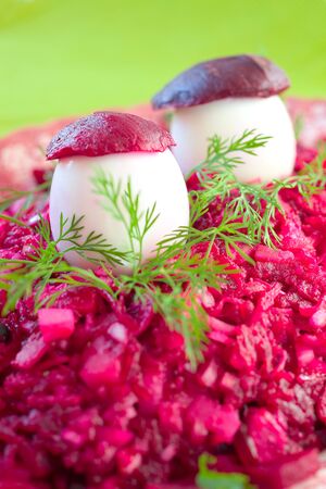 Beetroot salad with funny mushroomsの写真素材