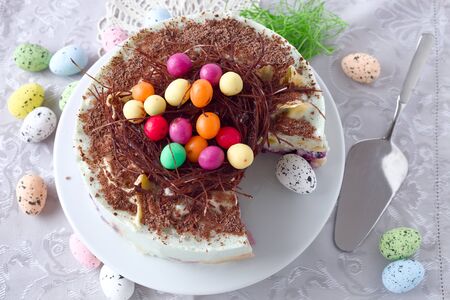 Chocolate easter egg nest pancake cakeの写真素材
