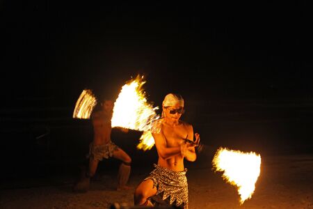 Koh Chang,Trad, Thailand, 21 April 2017, beautiful fire circle spining show talent at night party beach island in thailandのeditorial素材
