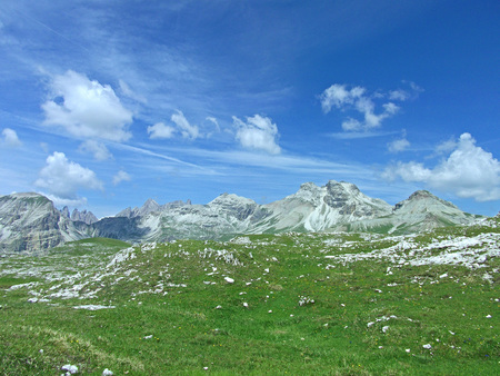 high mountain blue sky view in dolomiten dolomites dolomiti Italyの写真素材