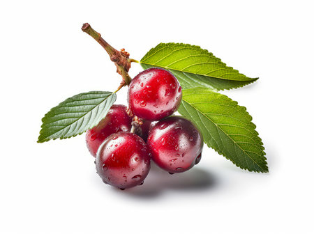 red cherries with leaves isolated on white backgroundの素材