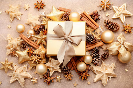 Christmas card with gift boxes and decorations, Christmas time.の素材