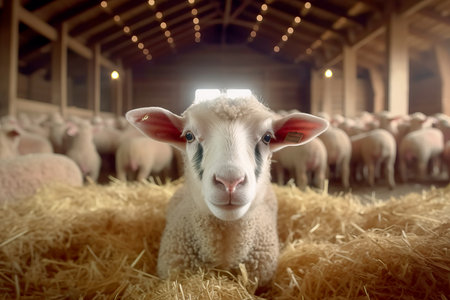 Sheep in a farm standing in front of camera.の素材