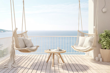 Wooden Hanging Chair white Beach lounge Sea View, vacation time.の素材