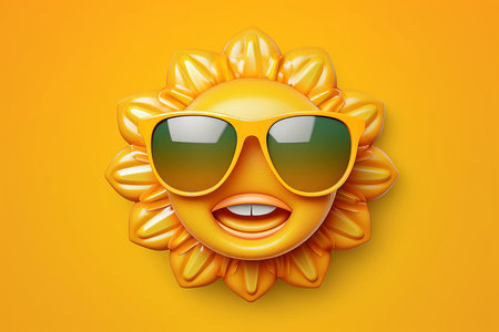 Smile face sun with sunglasses on yellow background.の素材