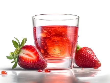 Glass of strawberry cocktail with ice cubes and fresh strawberries on white background. Close up.の素材