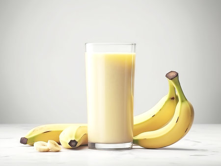 Banana milkshake in glass with fresh bananas on white marble table. Close up.の素材