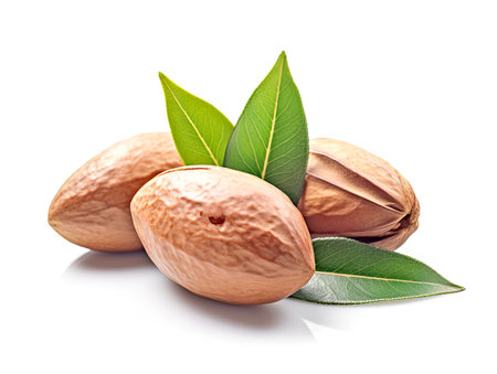 Almond nuts with leaves isolated on white background. Close up.の素材