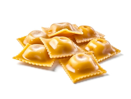 Italian ravioli isolated on a white background. Dry uncooked pasta.の素材